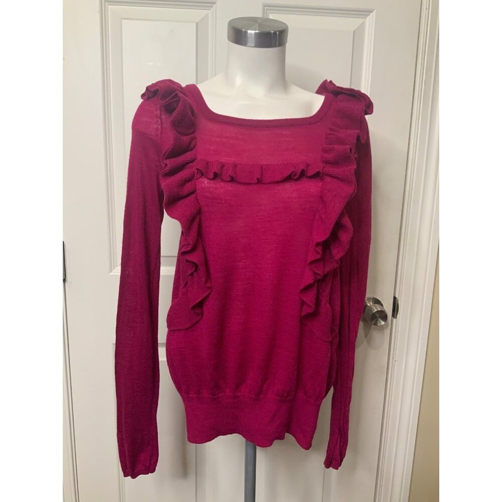 Moth Anthropologie Raspberry Red Wool Ruffle Square Neck Sweater, Size M